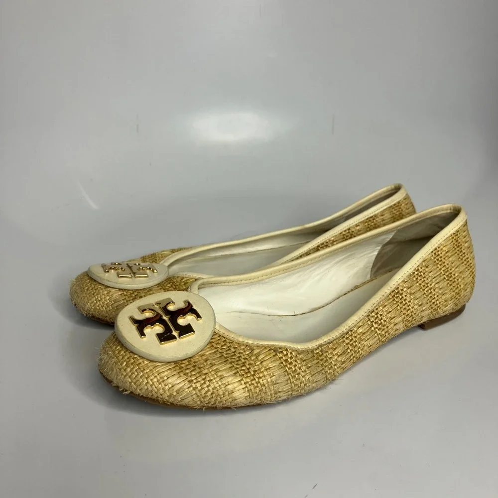 Tory Burch tan cream Raffia ballet flats women's size 9 luxury casual